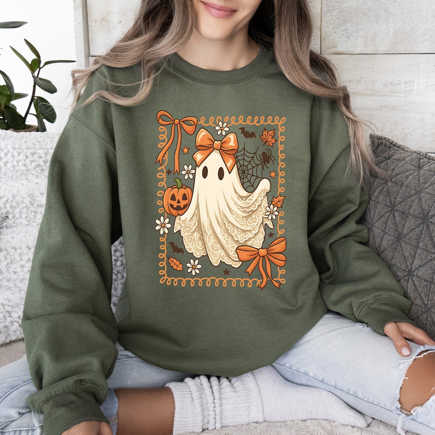 Coquette Ghost Bow Lace Pumpkin Halloween Retro Vintage Spooky Costume Fall Graphic Sweatshirt