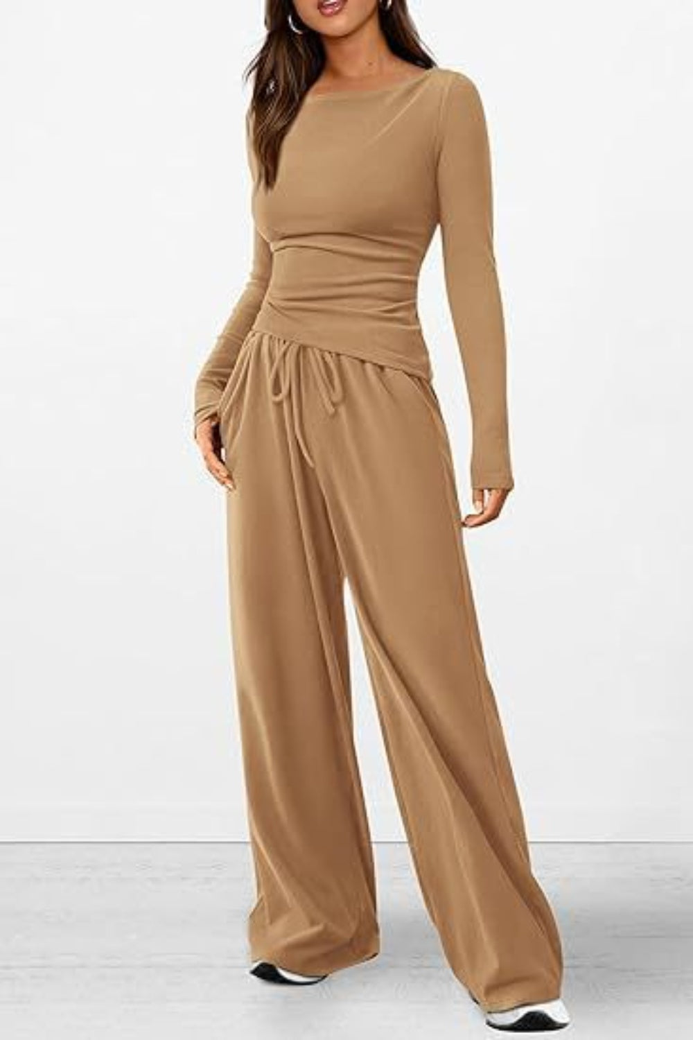 Round Neck Long Sleeve Top and Pants Set