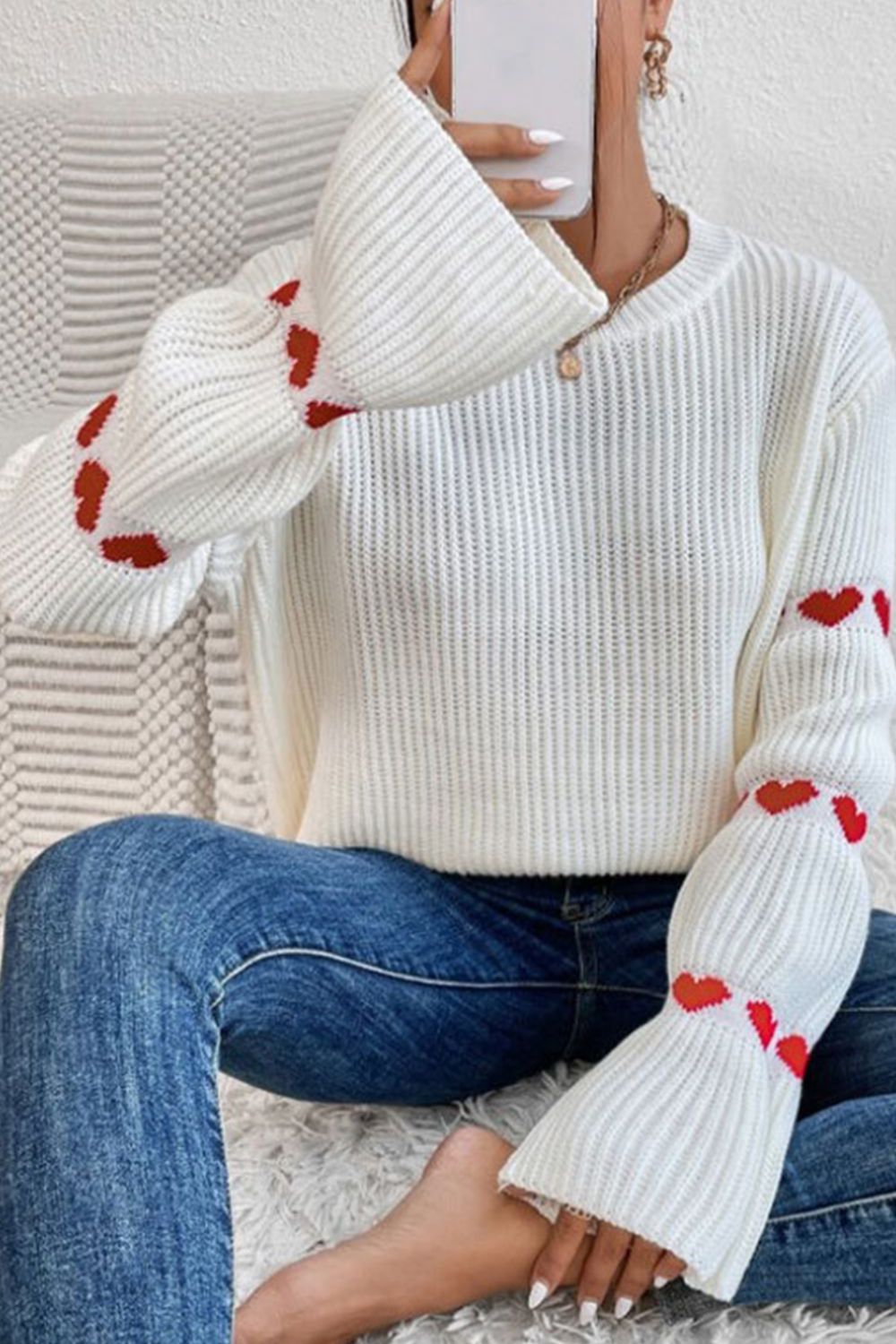 Heart Round Neck Long Sleeve Sweater