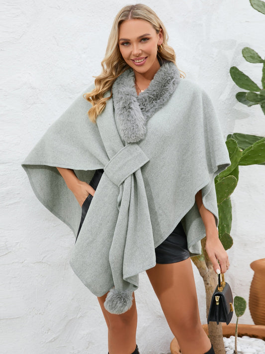 Fuzzy Trim Open Front Poncho