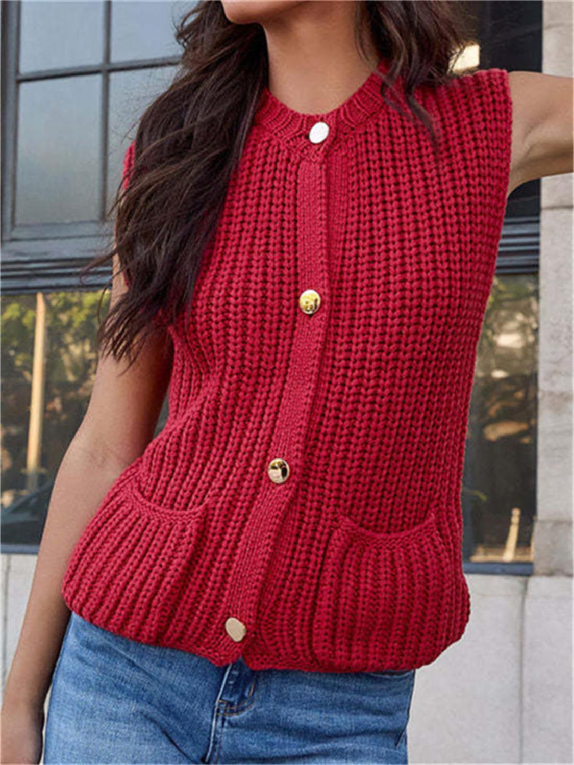 Button Down Sweater Vest with Pockets