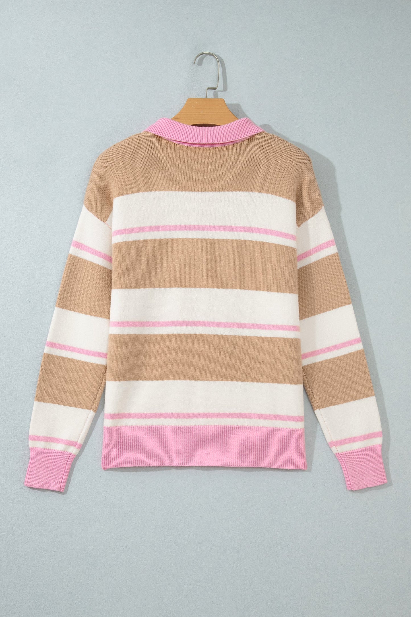 Stripe Colorblock Buttoned Collar Drop Shoulder Sweater