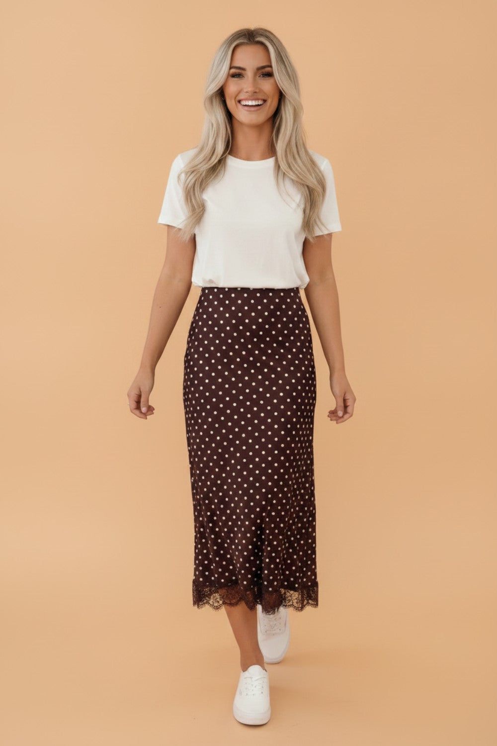 Polka Dot Lace Hem Midi Skirt