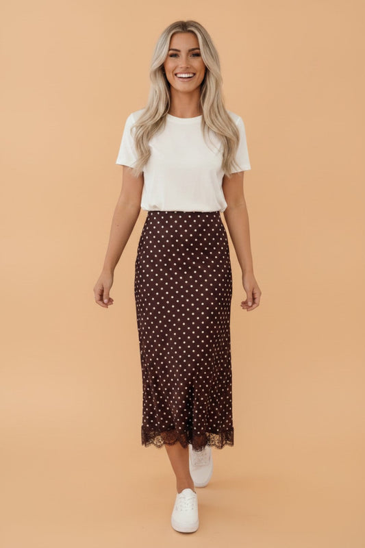 Polka Dot Lace Hem Midi Skirt