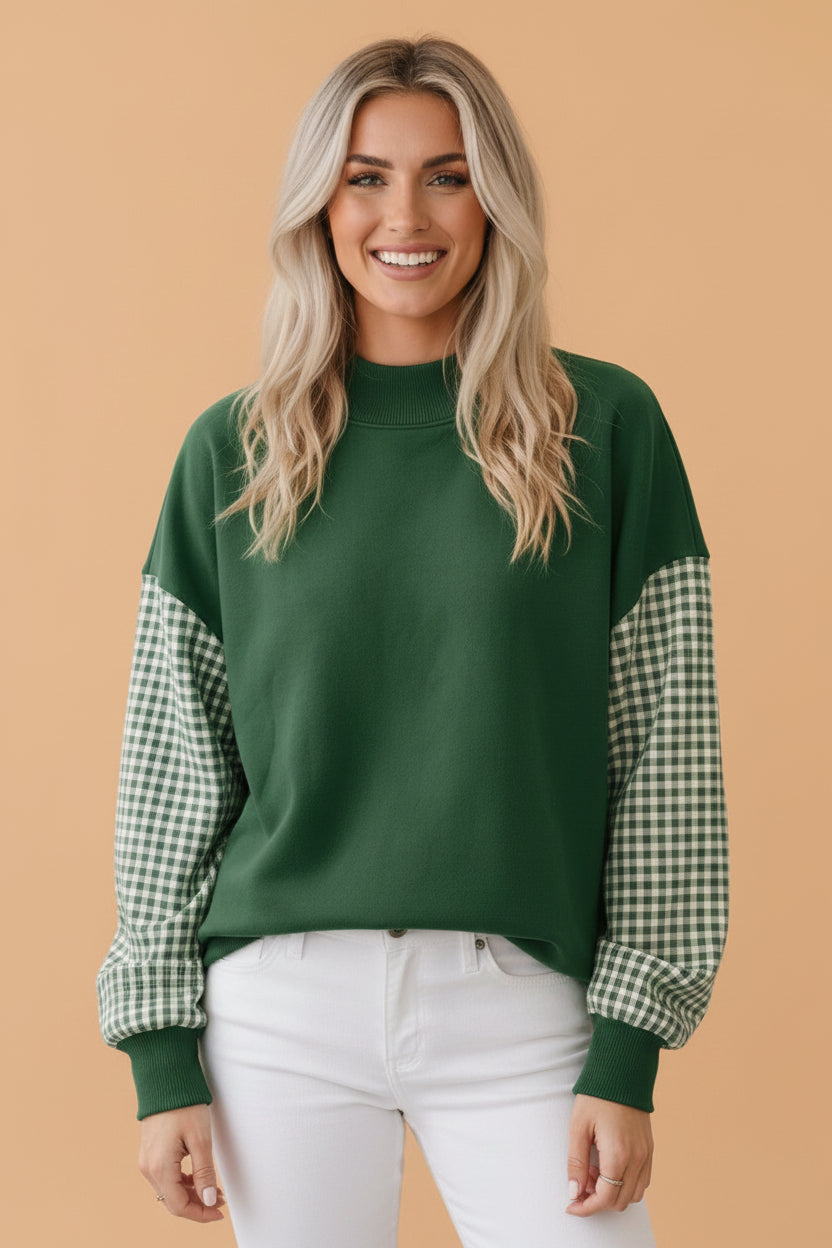 Gingham Colorblock Mock Neck Long Sleeve Sweatshirt