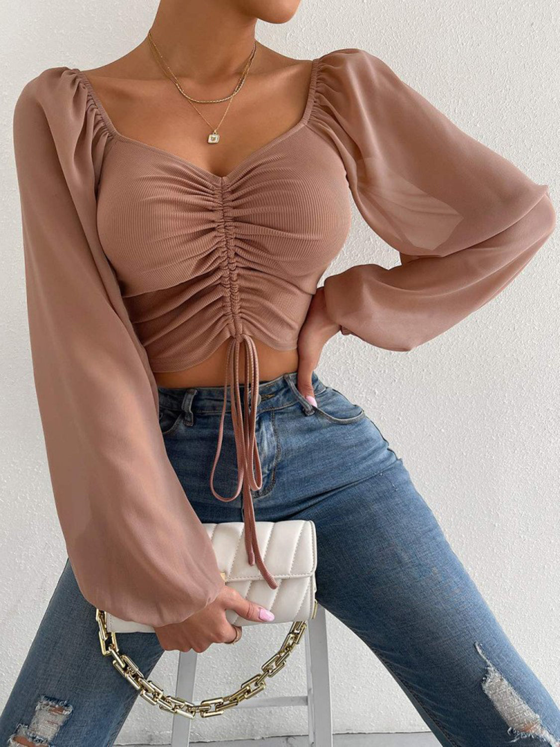 Drawstring Sweetheart Neck Cropped Top