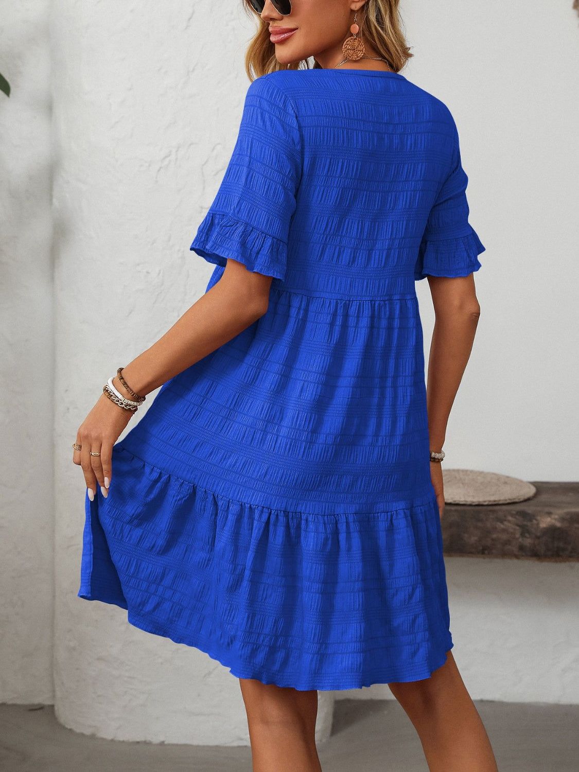 Mandy Ruffled Ruched Round Neck Half Sleeve Dress