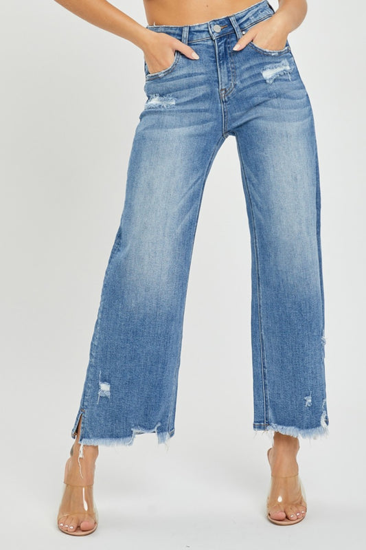 Risen High Rise Side Slit Raw Hem Cropped Jeans