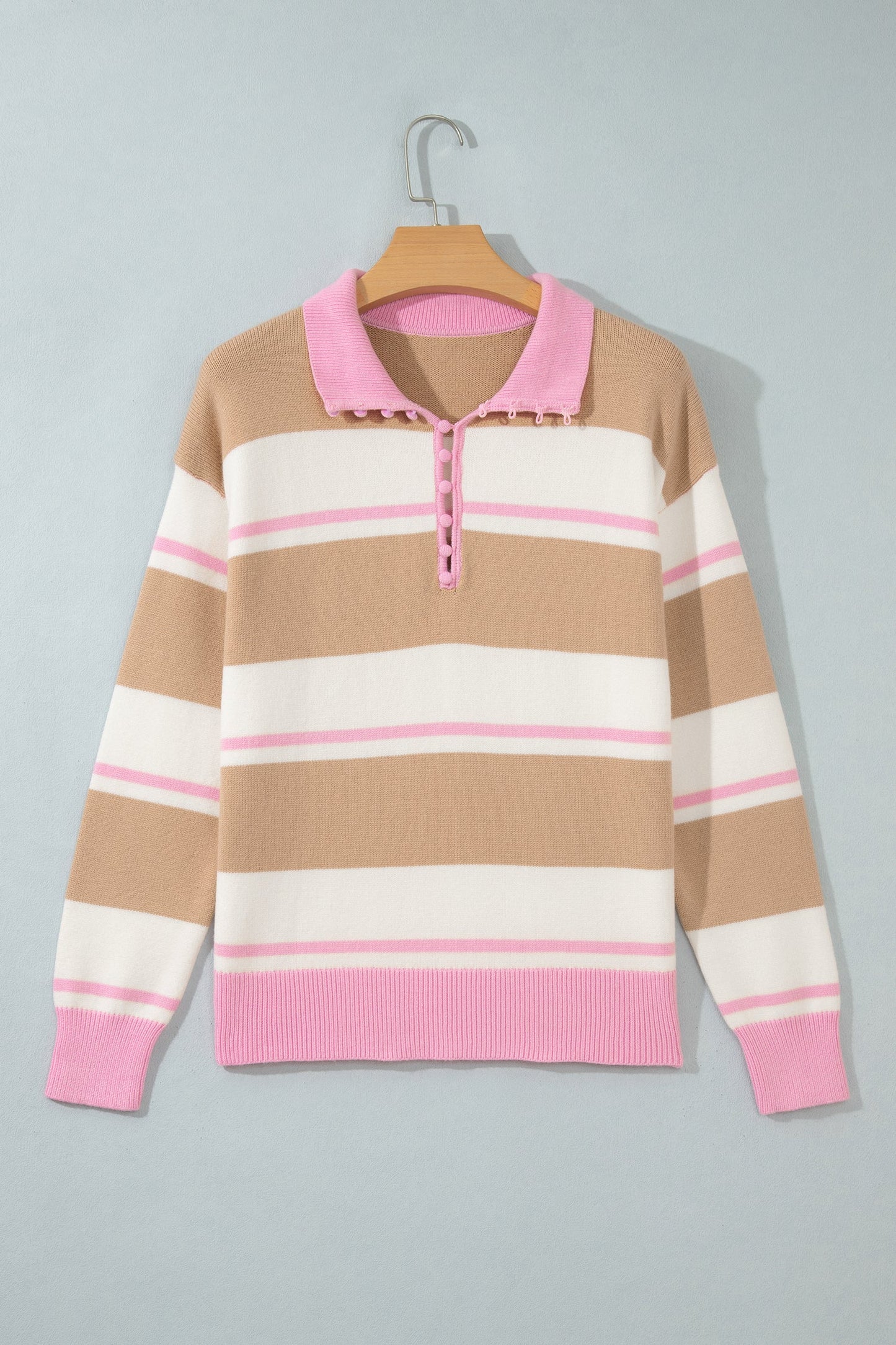 Stripe Colorblock Buttoned Collar Drop Shoulder Sweater