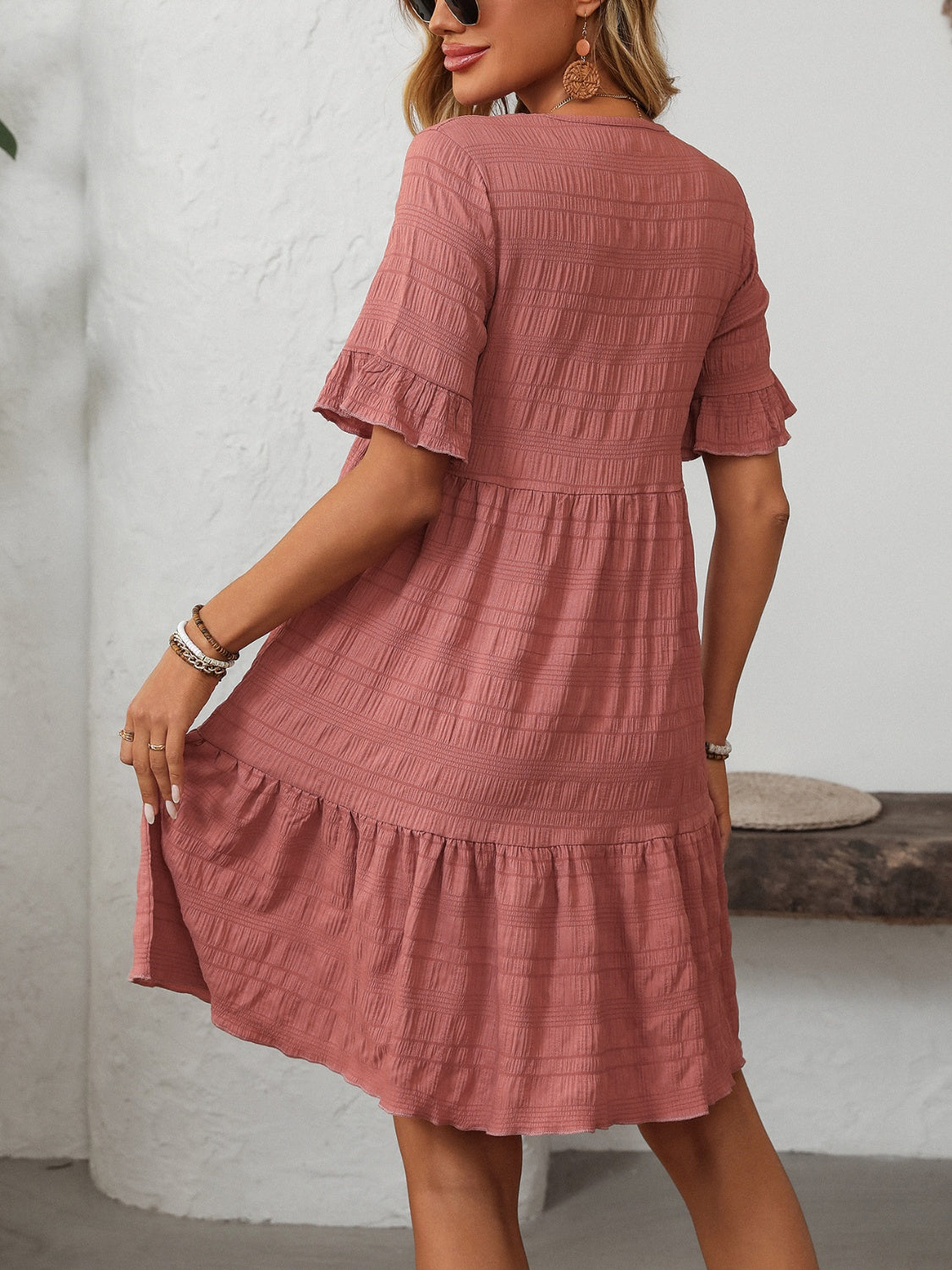 Mandy Ruffled Ruched Round Neck Half Sleeve Dress