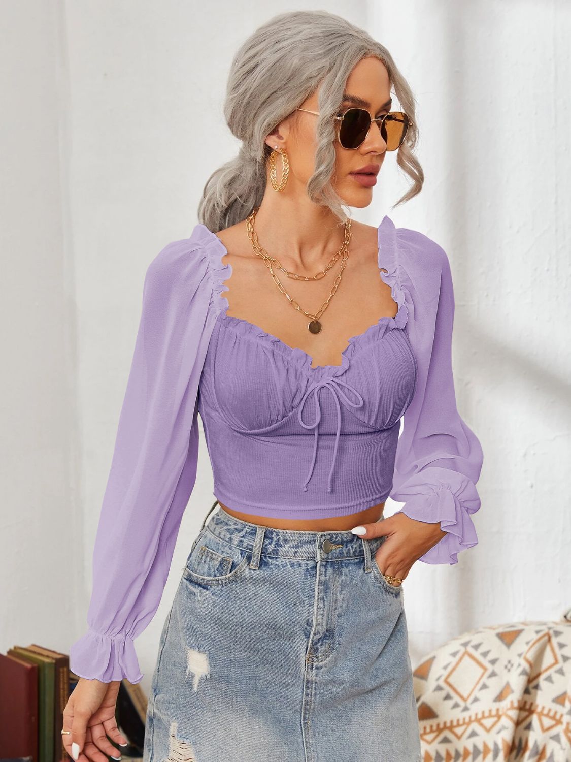 Mesh Sweetheart Neck Flounce Sleeve Top