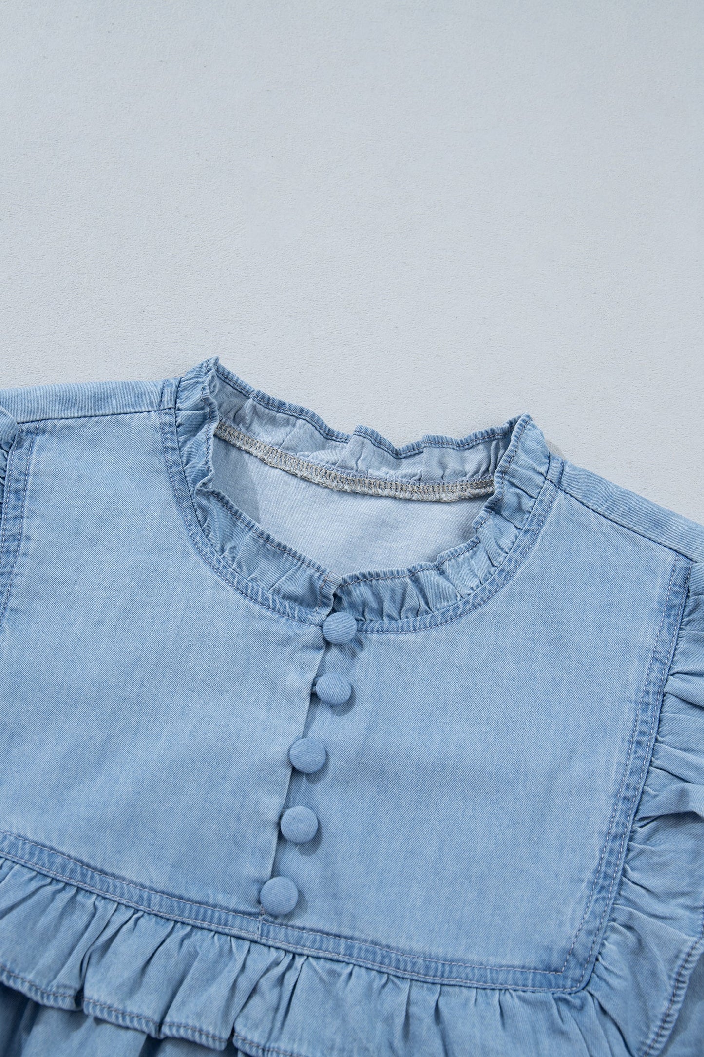 Western Denim Chambray Ruffle V-Neck Long Sleeve Blouse