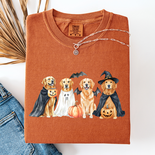 Adorable Halloween Dogs And Bats Pumpkins Spooky Witch Scene Cozy Comfort Colors Tee