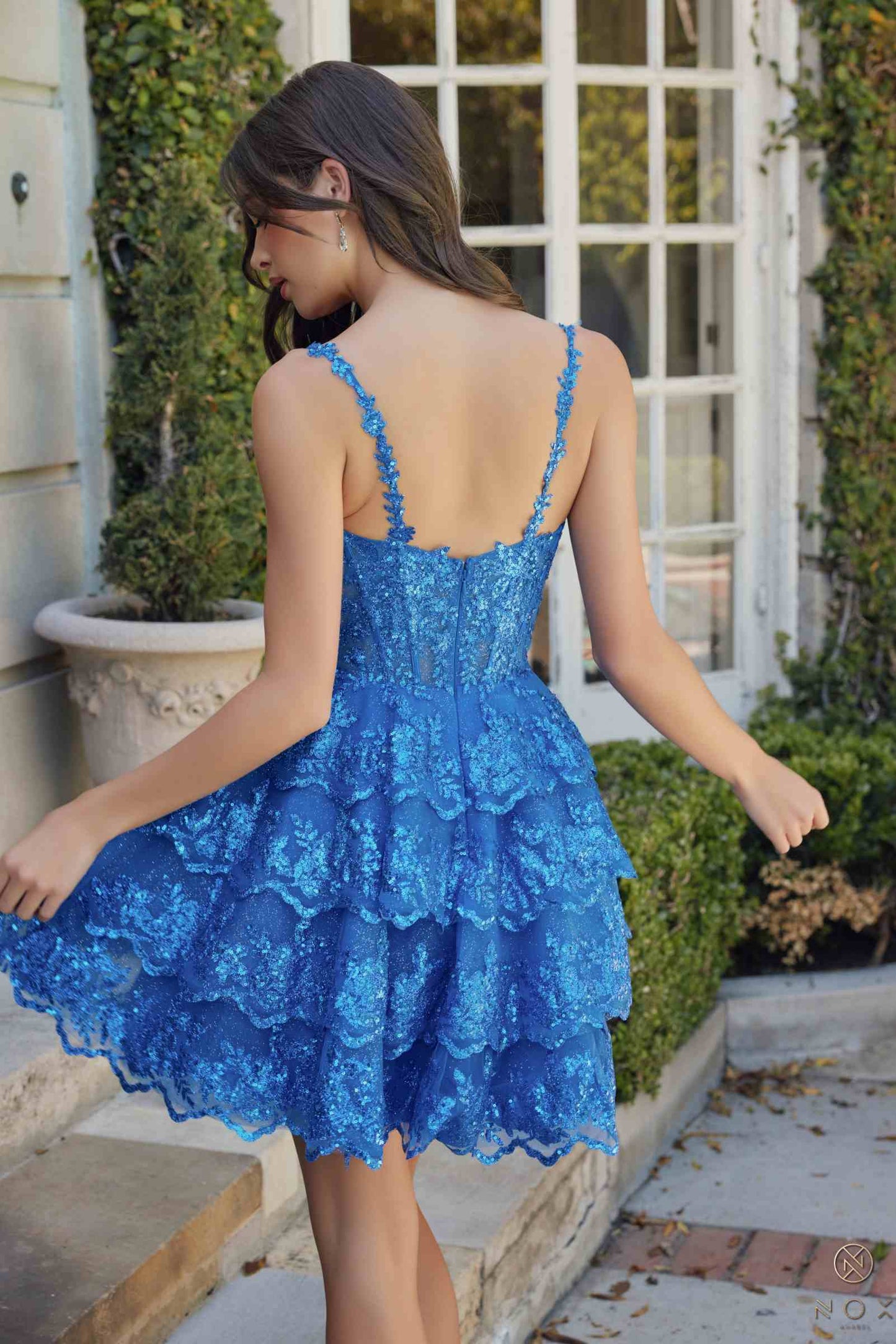 Nox Anabel E914 Short Applique Tiered A-Line Dress