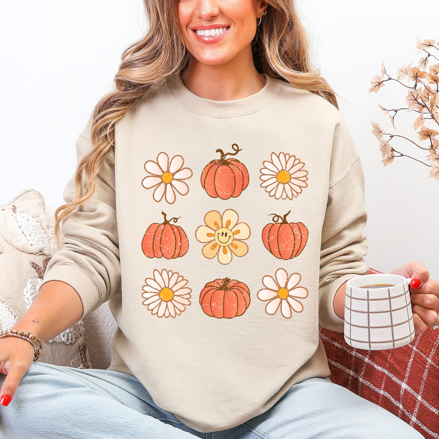 Flowers And Pumpkins Minimalist Autumn Fall Halloween Seasonal Floral Print Sweatshirt