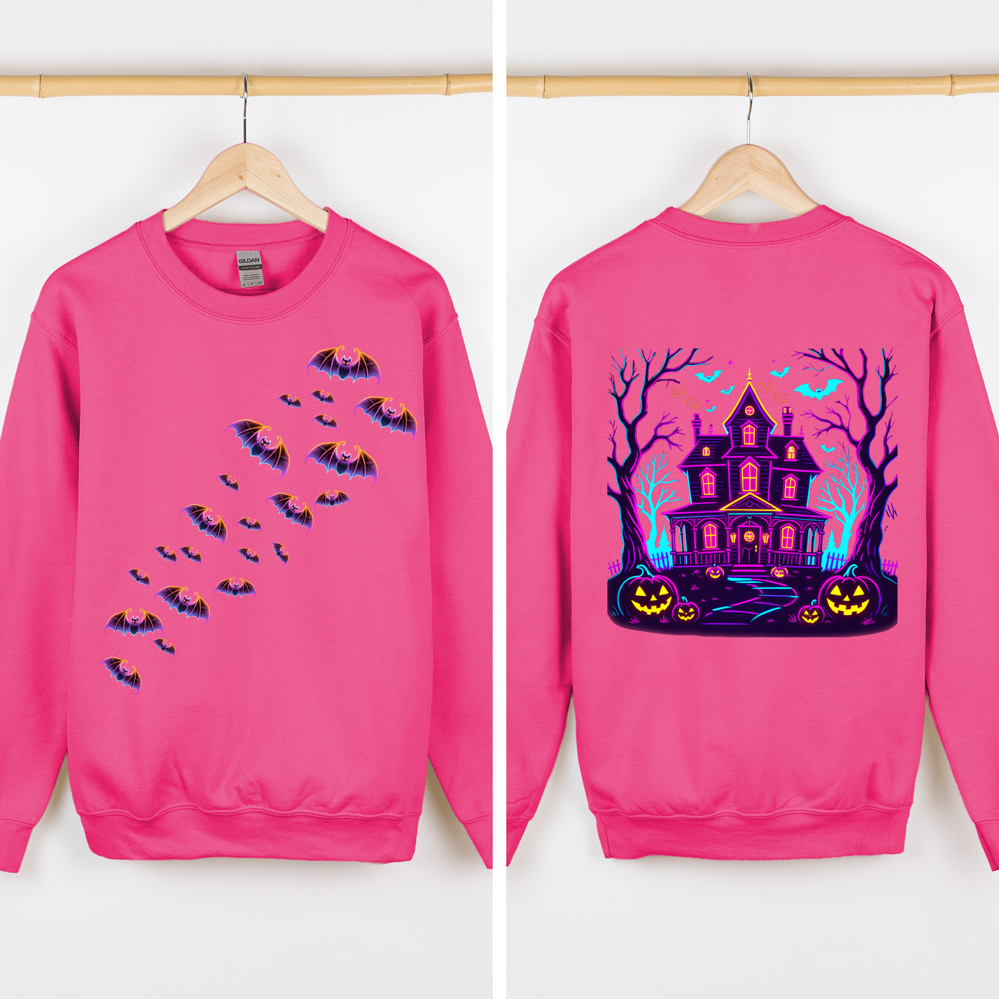 Haunted House Bright Colors Front And Back Print Bats Ghosts Halloween Sweatshirt