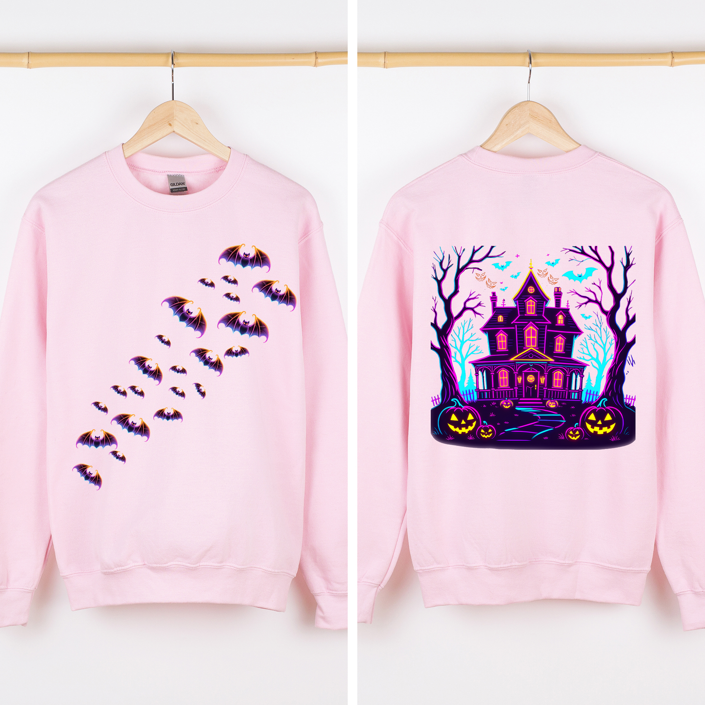 Haunted House Bright Colors Front And Back Print Bats Ghosts Halloween Sweatshirt