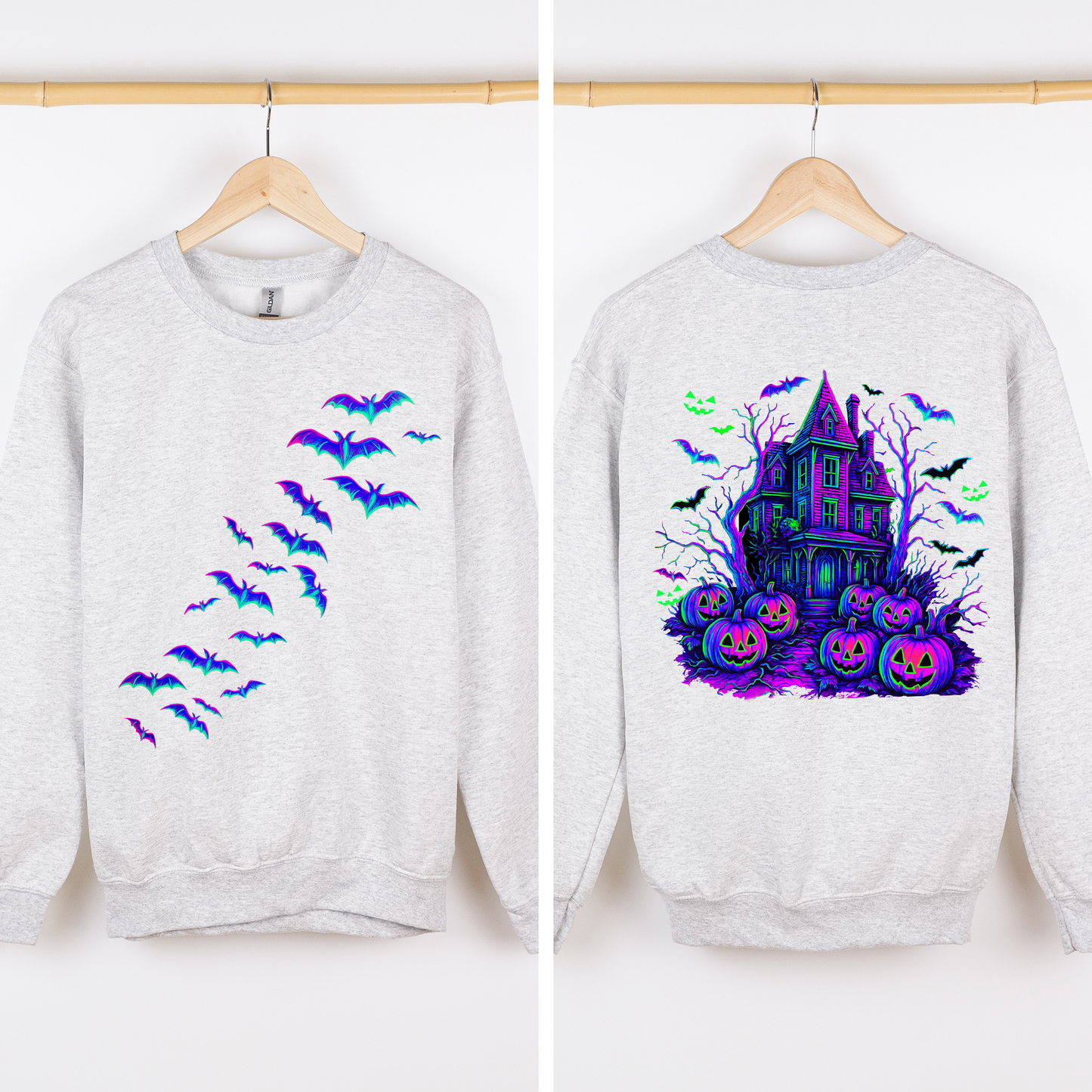 Haunted House Bright Colors Halloween Scene With Bats And Ghosts Spooky Night Parade Sweatshirt