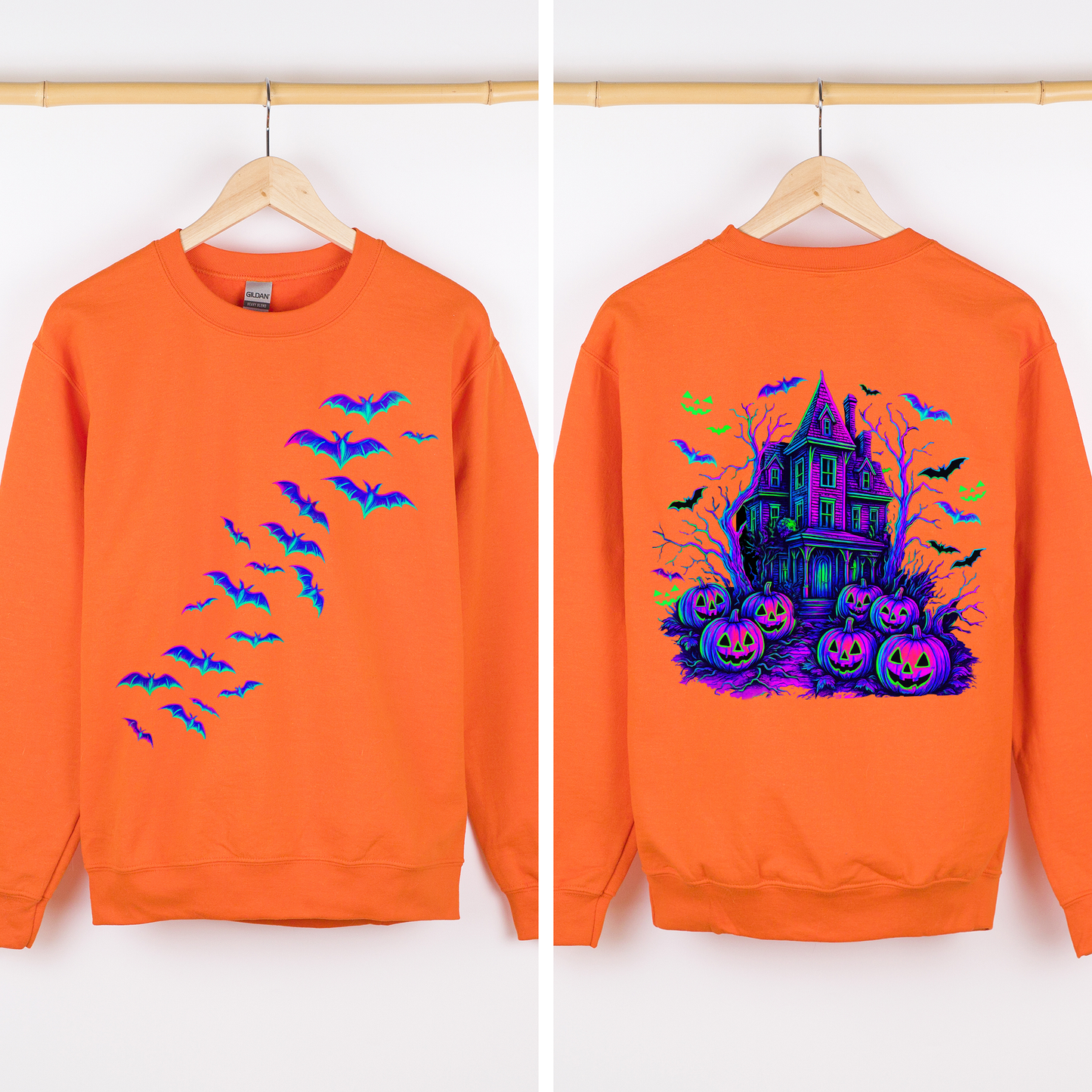 Haunted House Bright Colors Halloween Scene With Bats And Ghosts Spooky Night Parade Sweatshirt