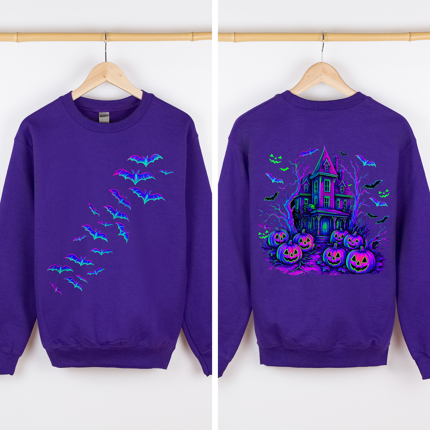 Haunted House Bright Colors Halloween Scene With Bats And Ghosts Spooky Night Parade Sweatshirt