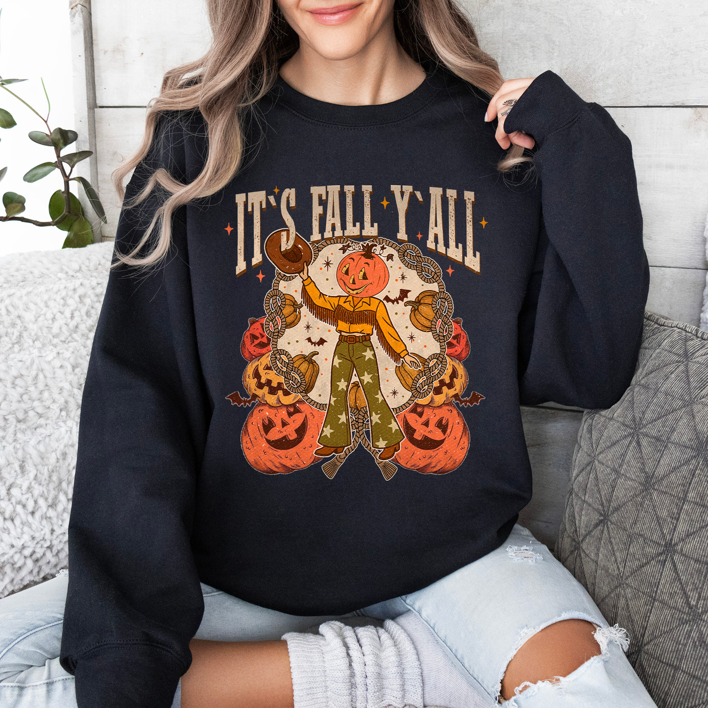 It's Fall Y'all Jack O Lantern Halloween Autumn Vintage Inspired Seasonal Sweatshirt