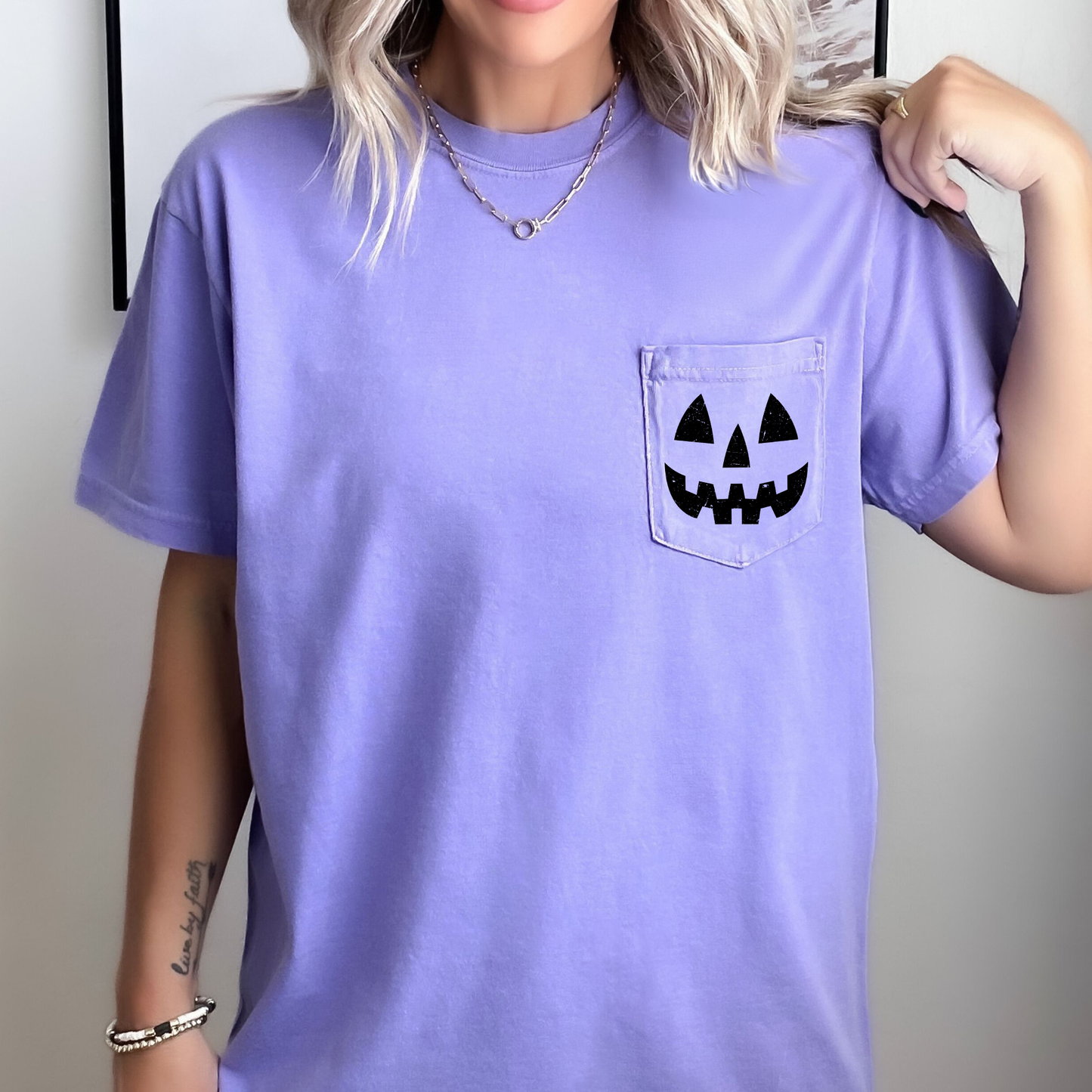 Jack o Lantern Coquette Faux Lace Halloween Spooky Pumpkin Pocket Premium Graphic Tee