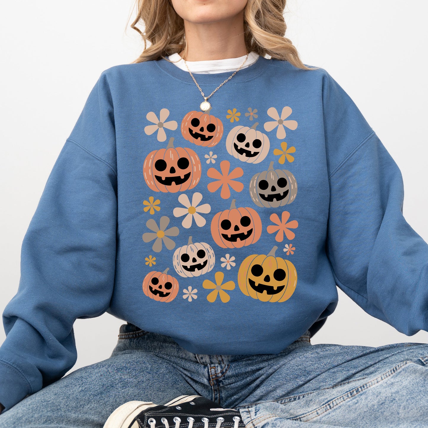 Pumpkins And Flowers Halloween Neon Retro Vintage Spooky Checkered Patchwork Graphic Sweatshirt