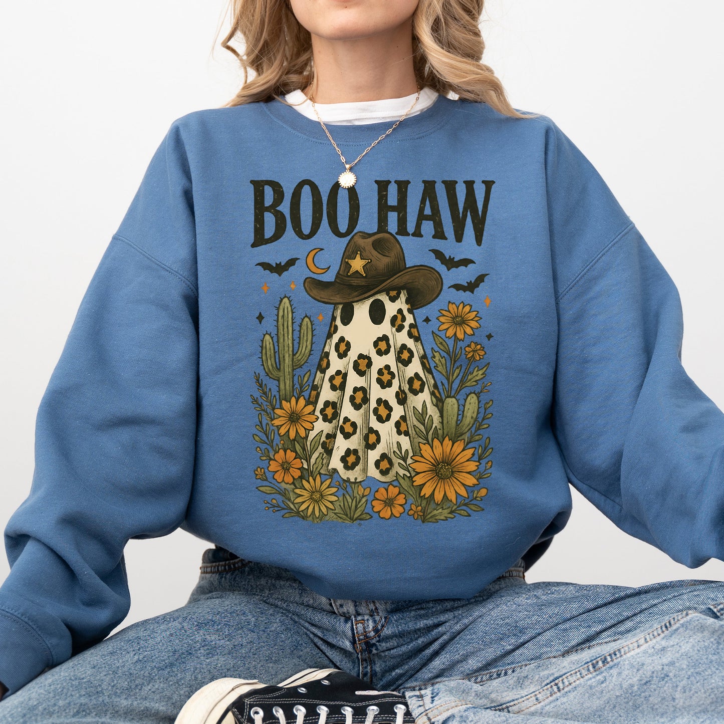 Boo Haw Cowboy Ghost Western Halloween Retro Vintage Spooky Costume Fall Graphic Sweatshirt