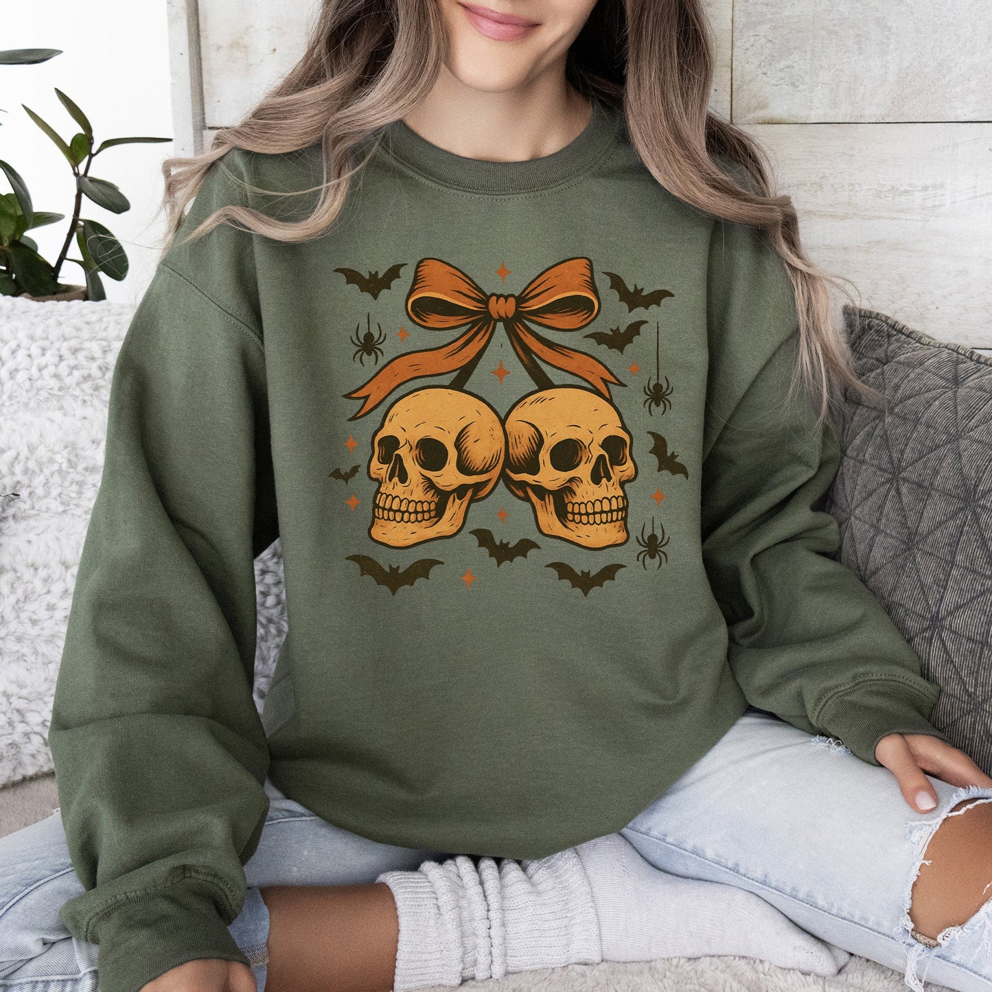 Skull Bow Coquette Bats Ghost Western Halloween Retro Vintage Spooky Graphic Sweatshirt