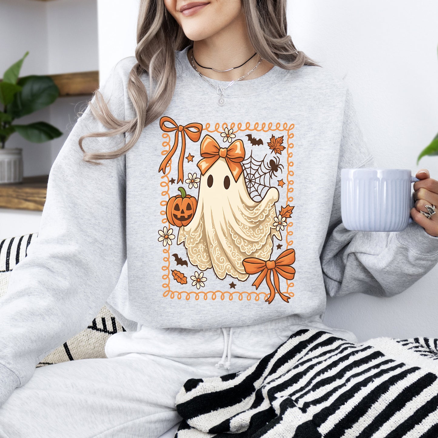 Coquette Ghost Bow Lace Pumpkin Halloween Retro Vintage Spooky Costume Fall Graphic Sweatshirt
