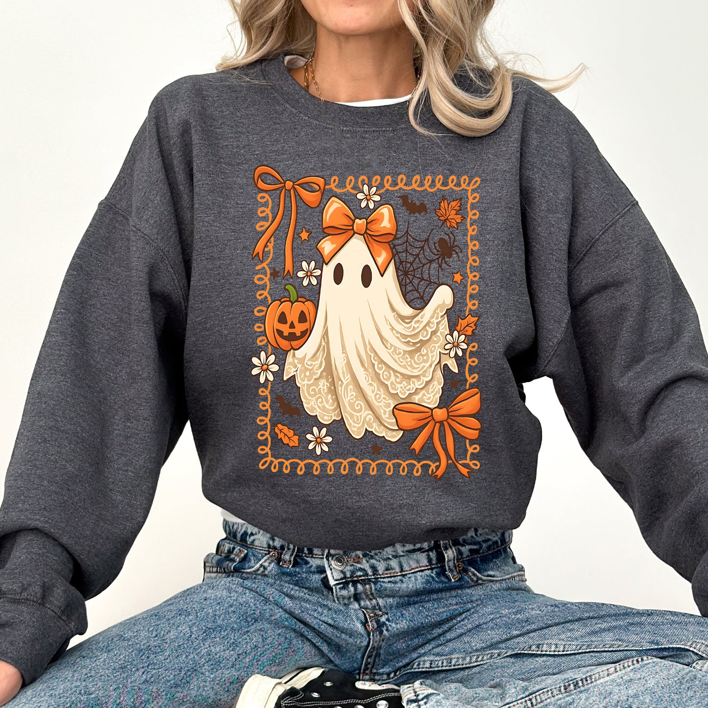 Coquette Ghost Bow Lace Pumpkin Halloween Retro Vintage Spooky Costume Fall Graphic Sweatshirt