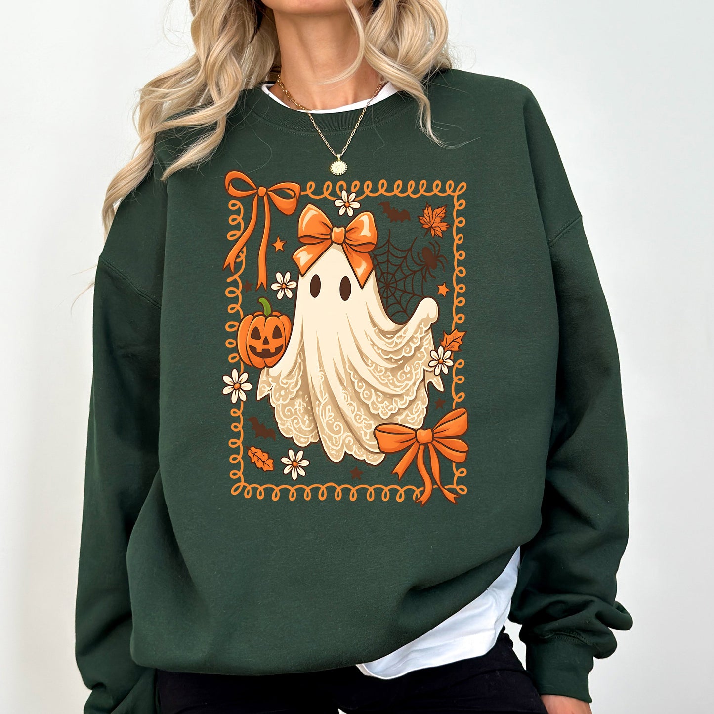 Coquette Ghost Bow Lace Pumpkin Halloween Retro Vintage Spooky Costume Fall Graphic Sweatshirt