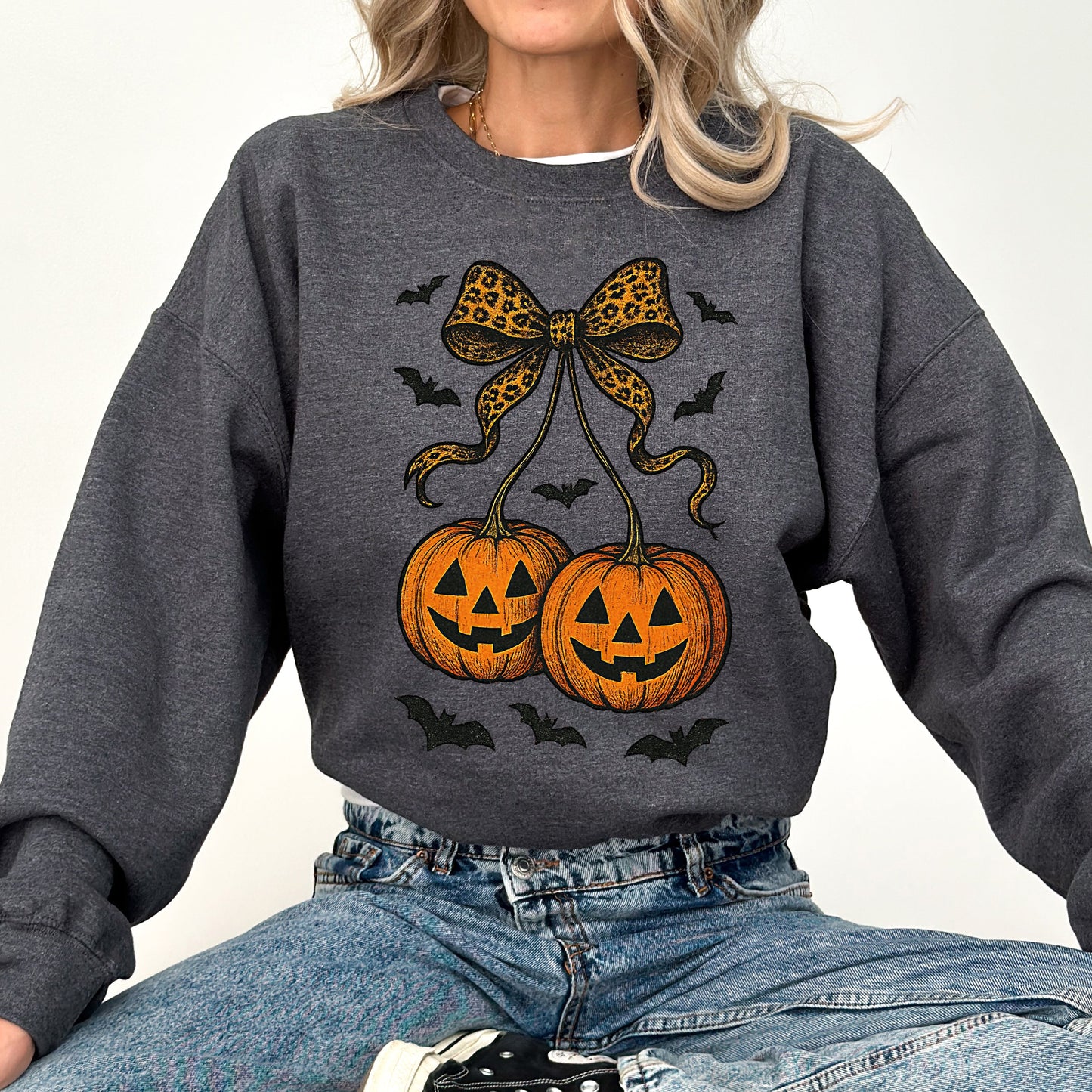Pumpkin Coquette Bow Ghosts Halloween Retro Vintage Spooky Fall Graphic Sweatshirt