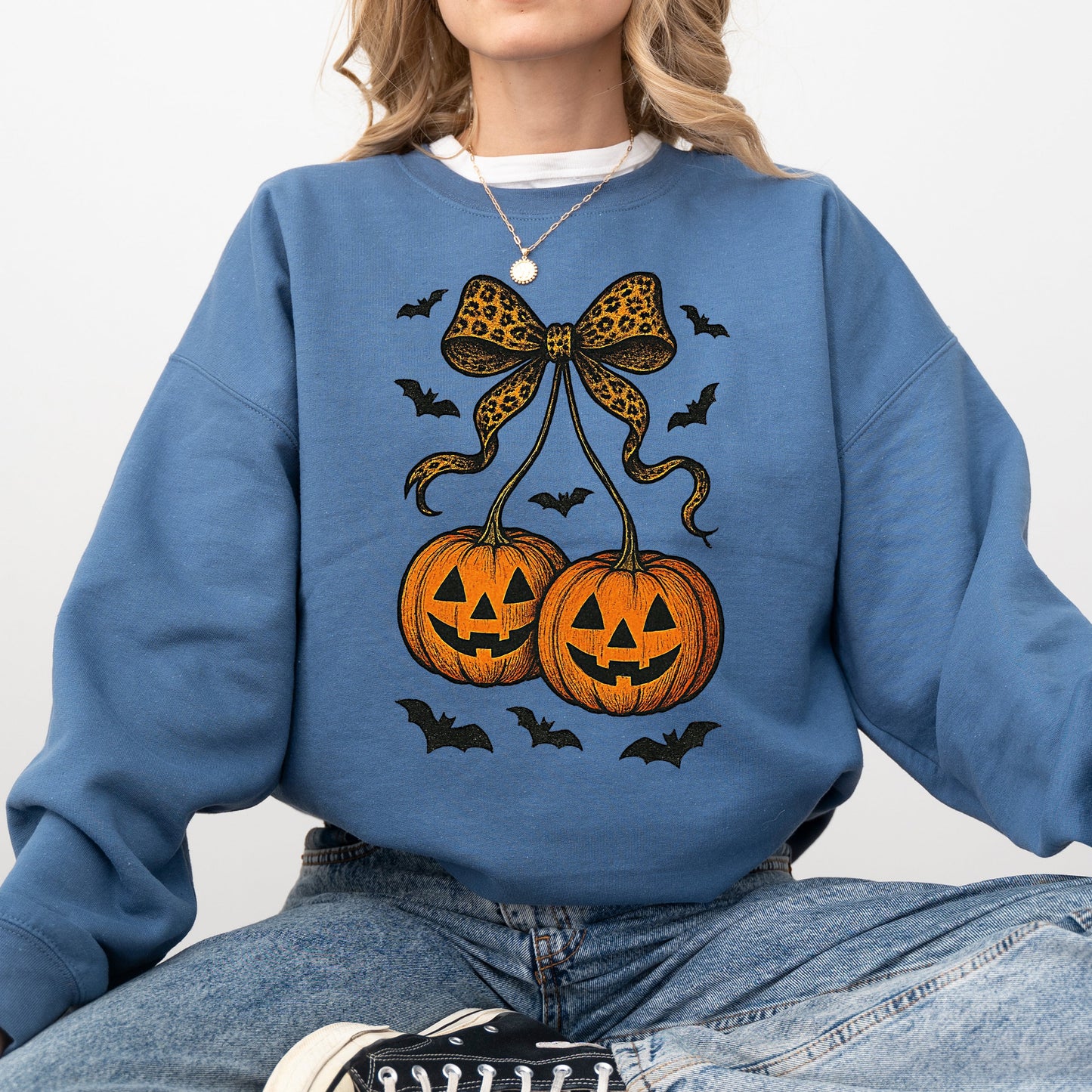 Pumpkin Coquette Bow Ghosts Halloween Retro Vintage Spooky Fall Graphic Sweatshirt