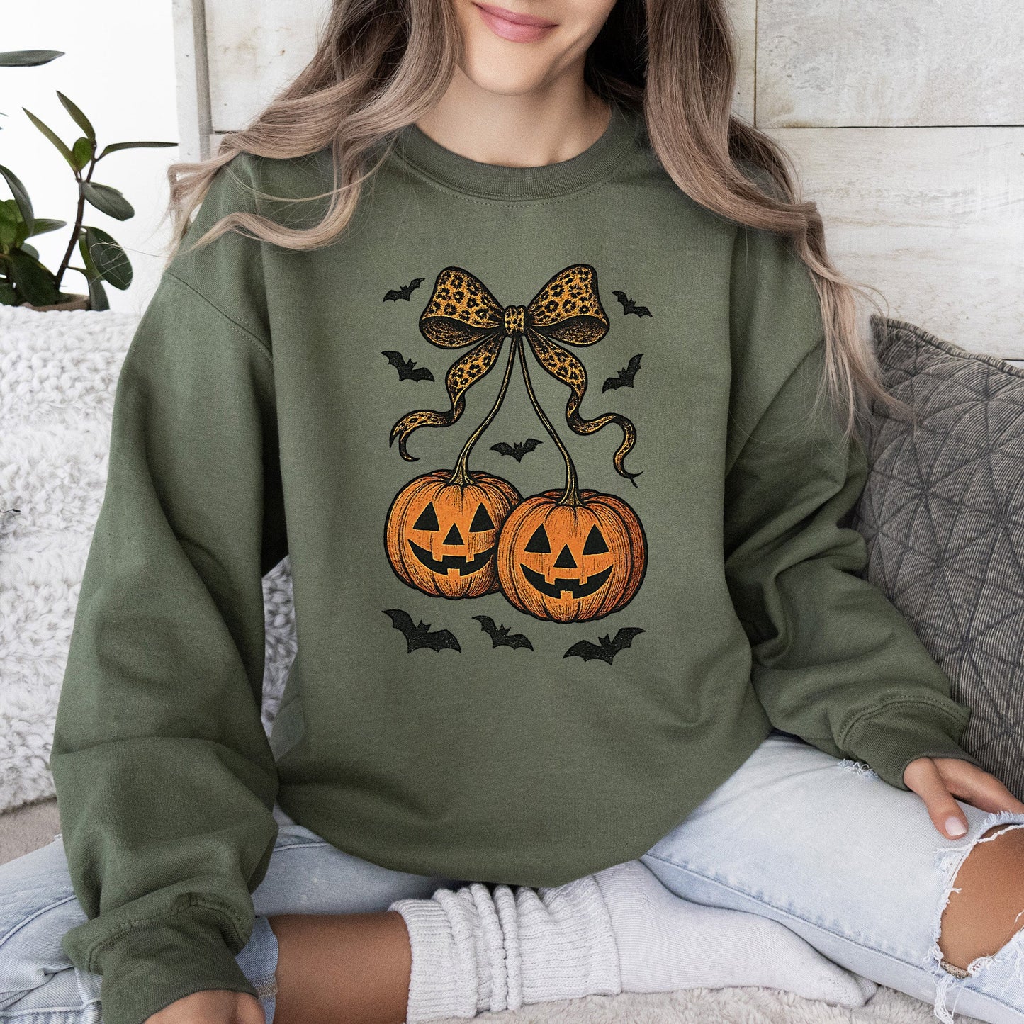 Pumpkin Coquette Bow Ghosts Halloween Retro Vintage Spooky Fall Graphic Sweatshirt