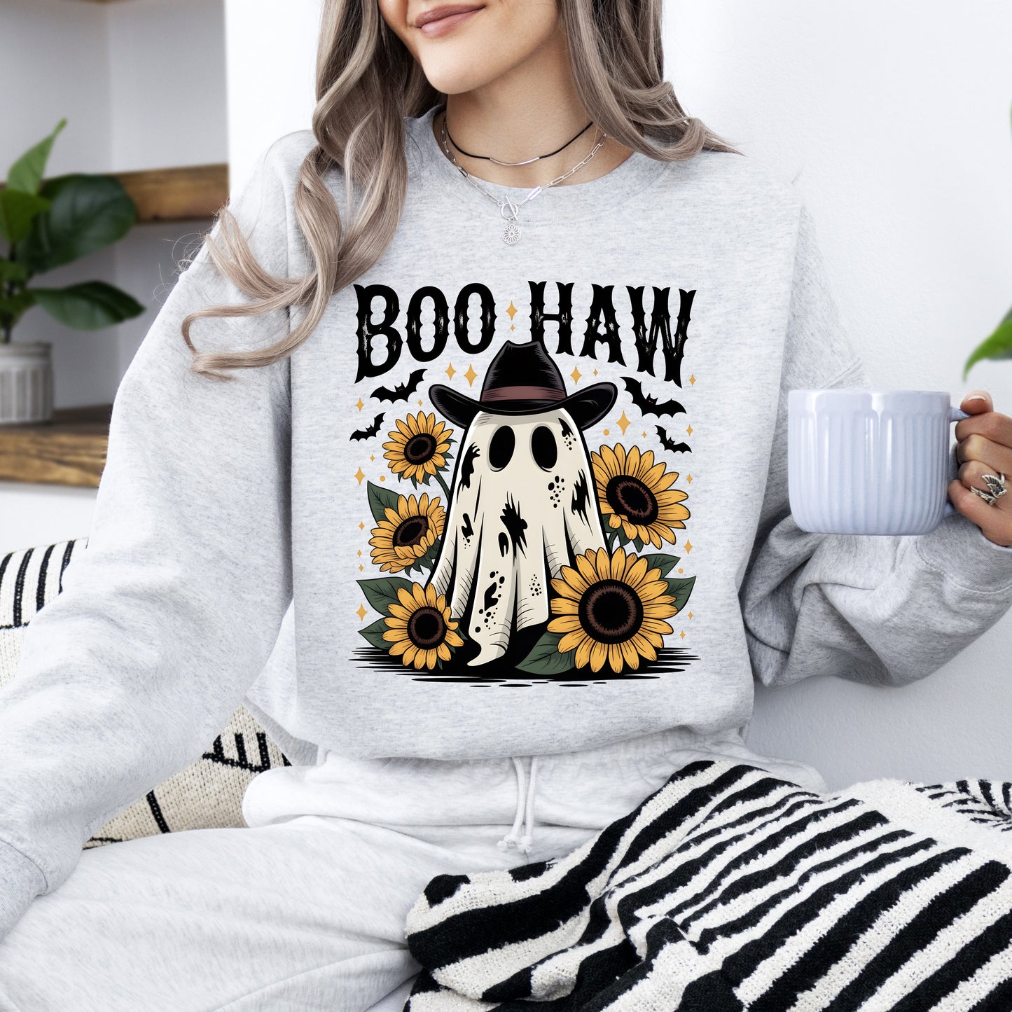 Boo Haw, Cowboy Ghost Halloween Western Sunflowers Vintage Pumpkin Retro Spooky Graphic Sweatshirt