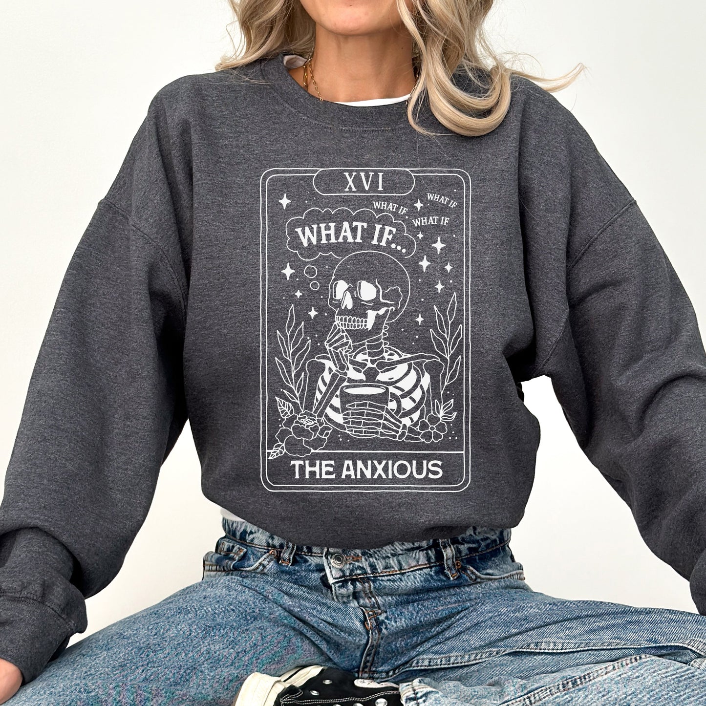 What If The Anxious Skeleton Ghost Western Vintage Pumpkin Halloween Tarot Card Graphic Sweatshirt
