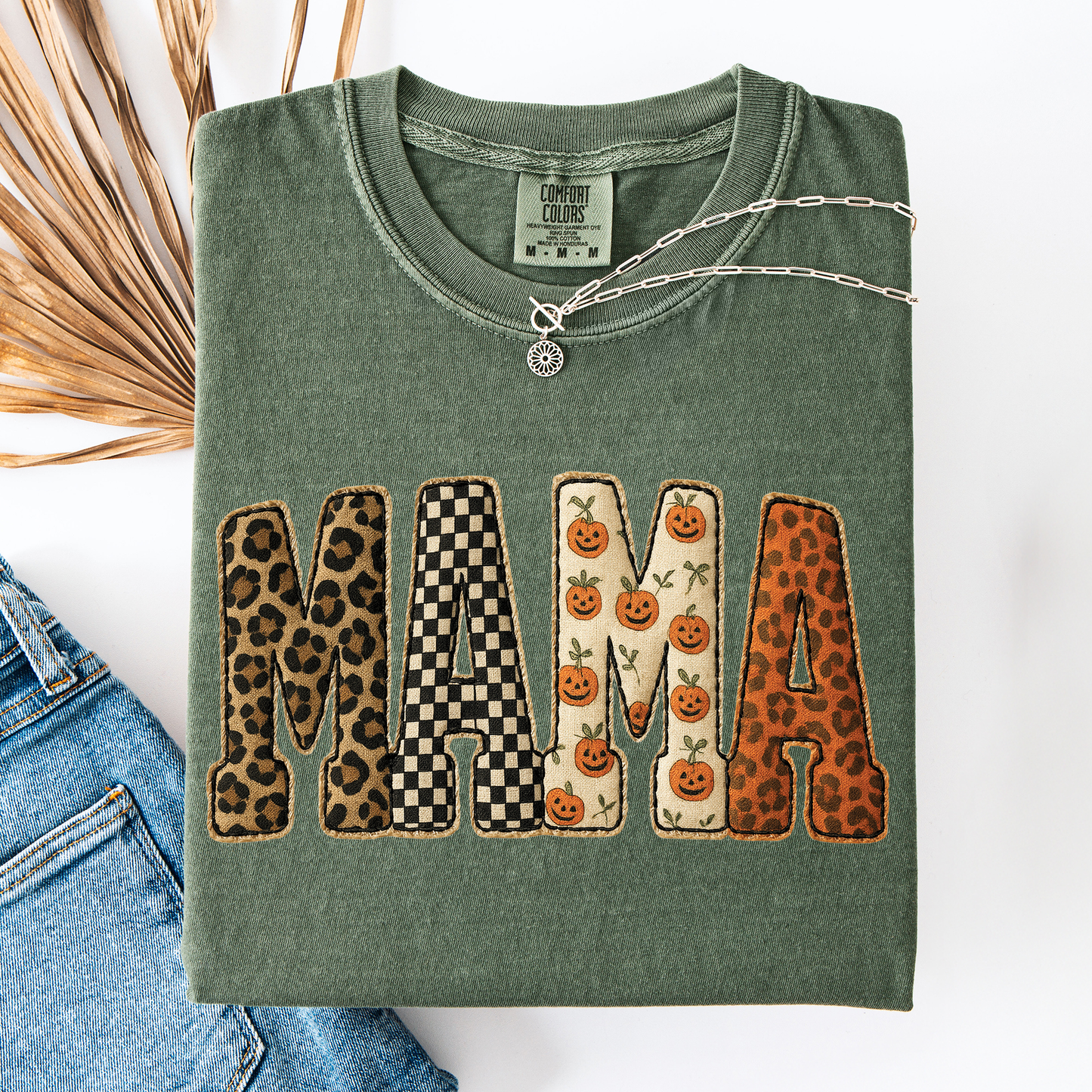 Mama Halloween Pattern Leopard Print Checkered Pumpkin Seasonal Comfort Colors Tee
