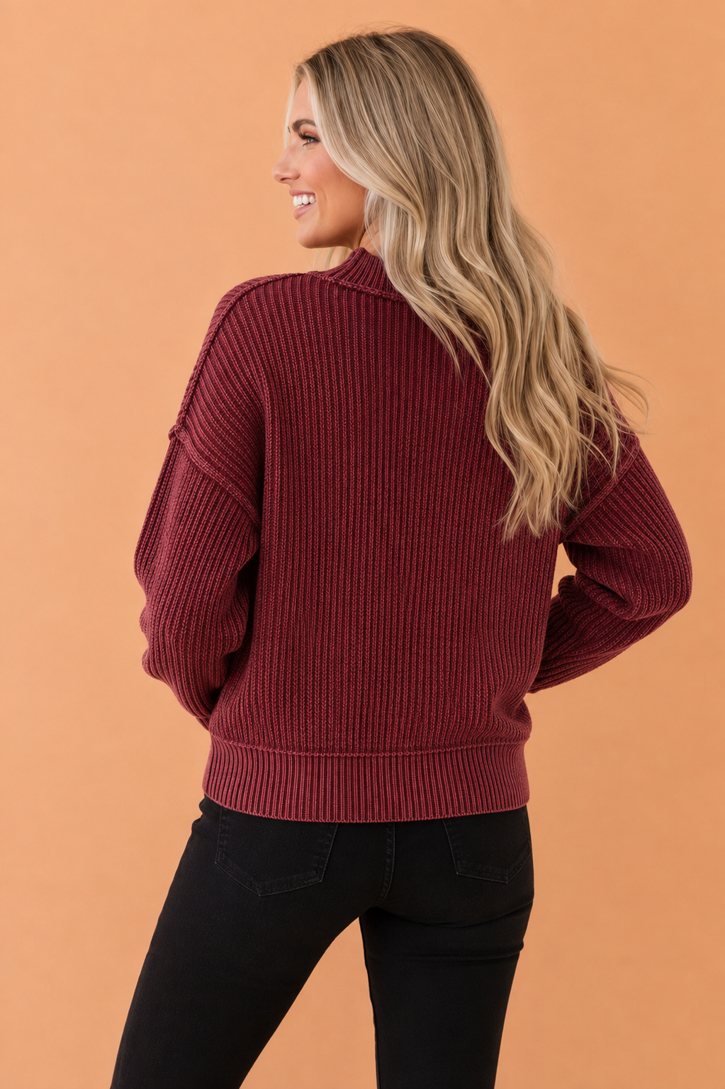 Solid Ribbed Knit Drop Shoulder Mock Neck Sweater