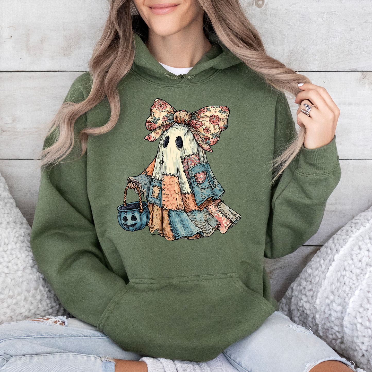Retro Halloween Faux Denim Ghost Patchwork Spooky Ghost Coquette Hooded Sweatshirt