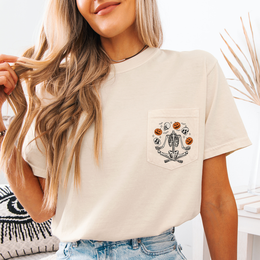 Skeleton Juggling Halloween Jack O Lantern Pocket Scene With Spooky Nighttime Charm Comfort Colors Tee