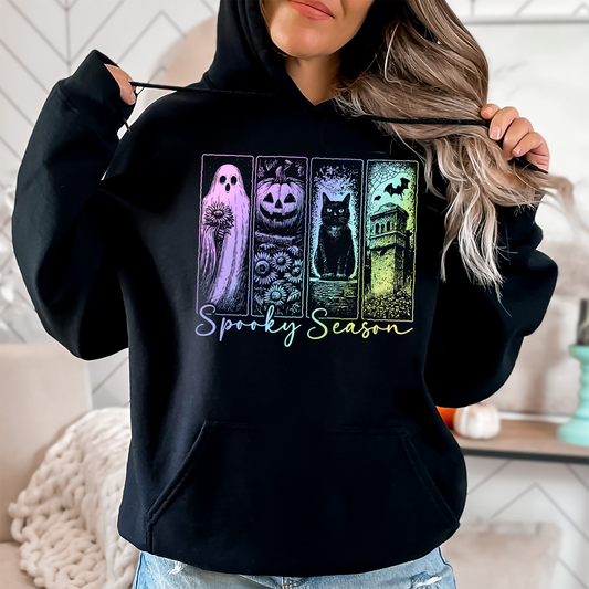 Spooky Season Pastel Vintage Halloween Horror Night Denim-Inspired Patchwork Ghost Graphic Hoodie