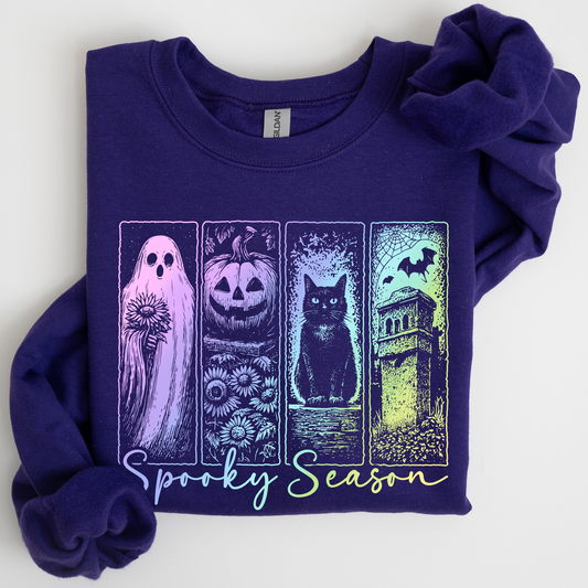 Spooky Season Graphic Sweatshirt With Retro Halloween Pastel Ghost Design And Faux Denim Accent