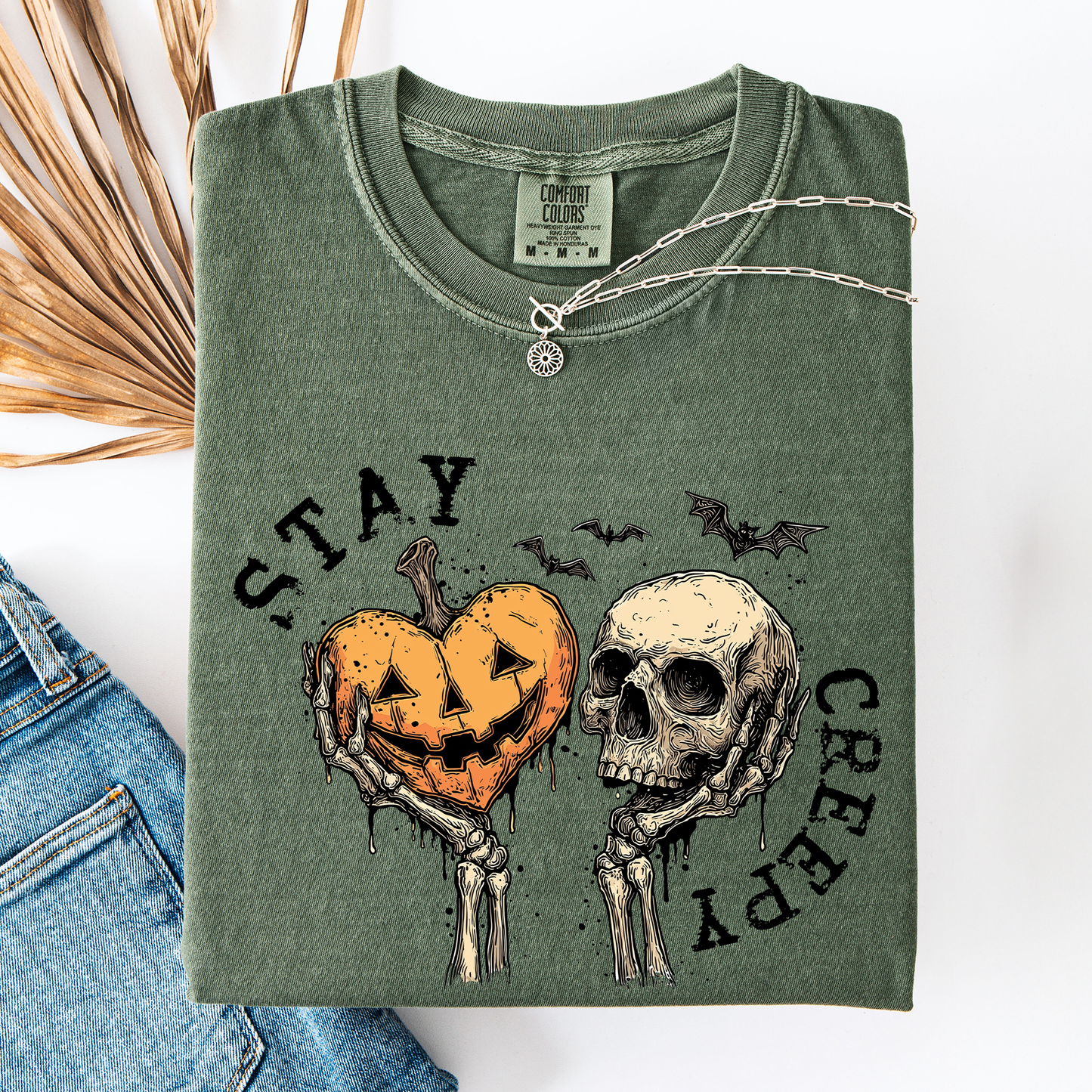 Stay Creepy Halloween Pumpkin Heart Skeleton Bats Leopard Print Checkered Comfort Colors Tee