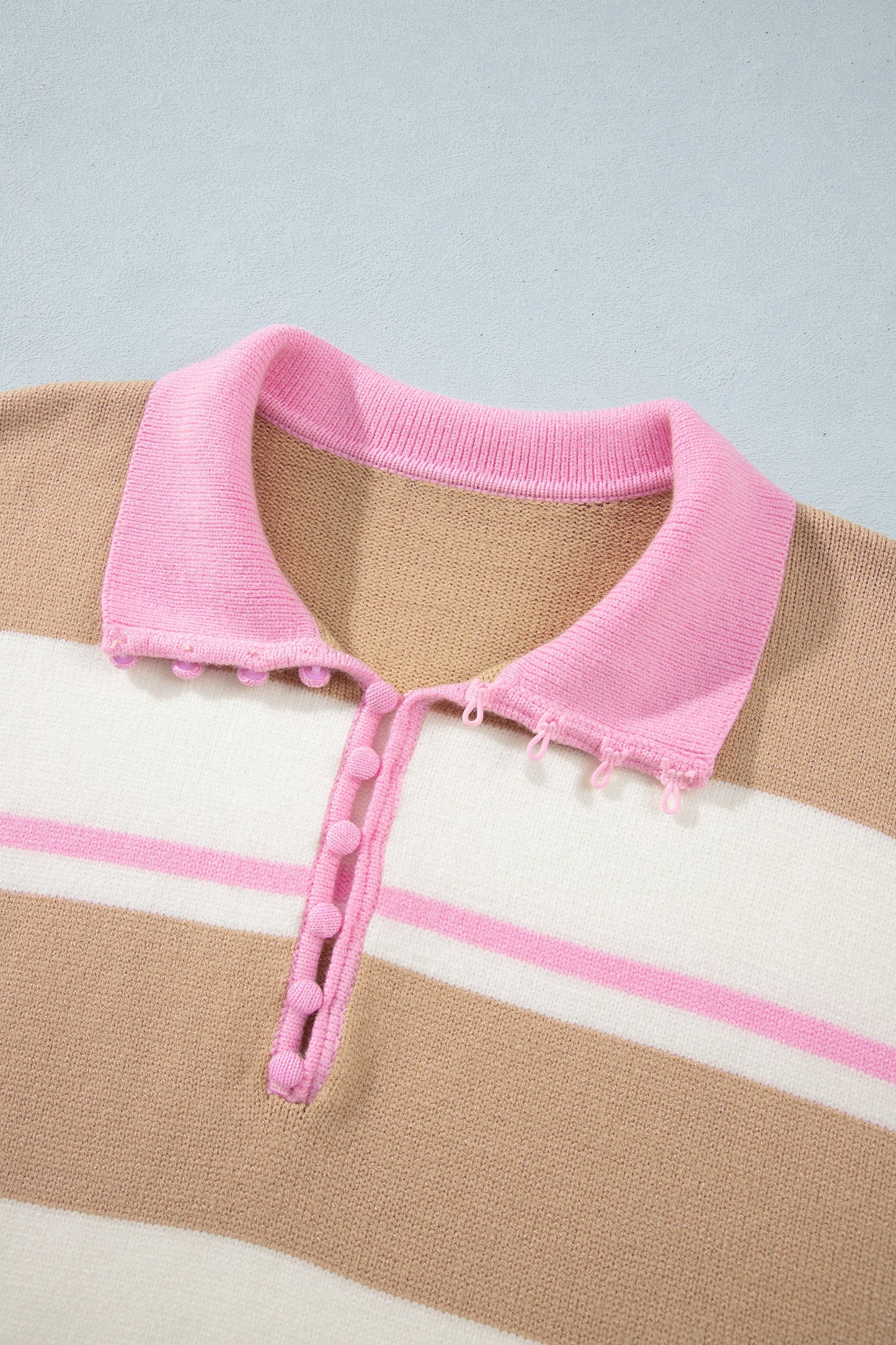 Stripe Colorblock Buttoned Collar Drop Shoulder Sweater