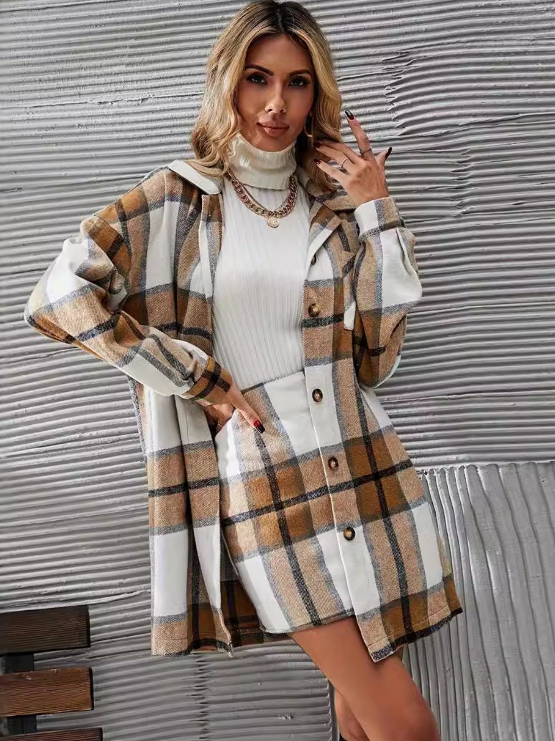 Plaid Button Up Long Sleeve Coat and Skirt Set