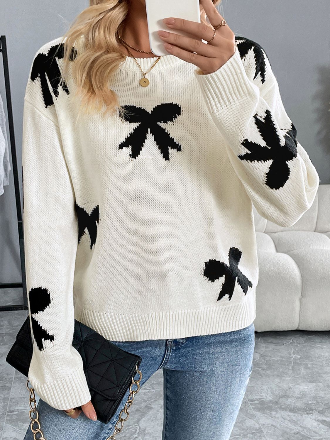 Perfee Bow Graphic Round Neck Long Sleeve Sweater