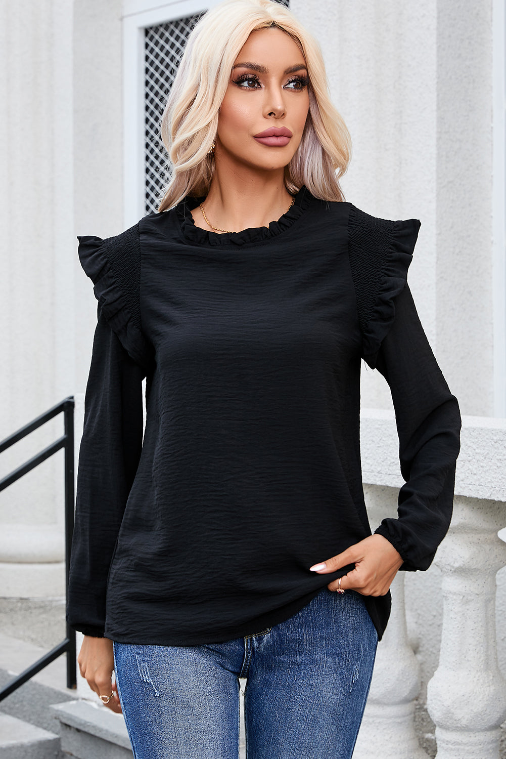 Frill Mock Neck Ruffled Balloon Sleeve Blouse