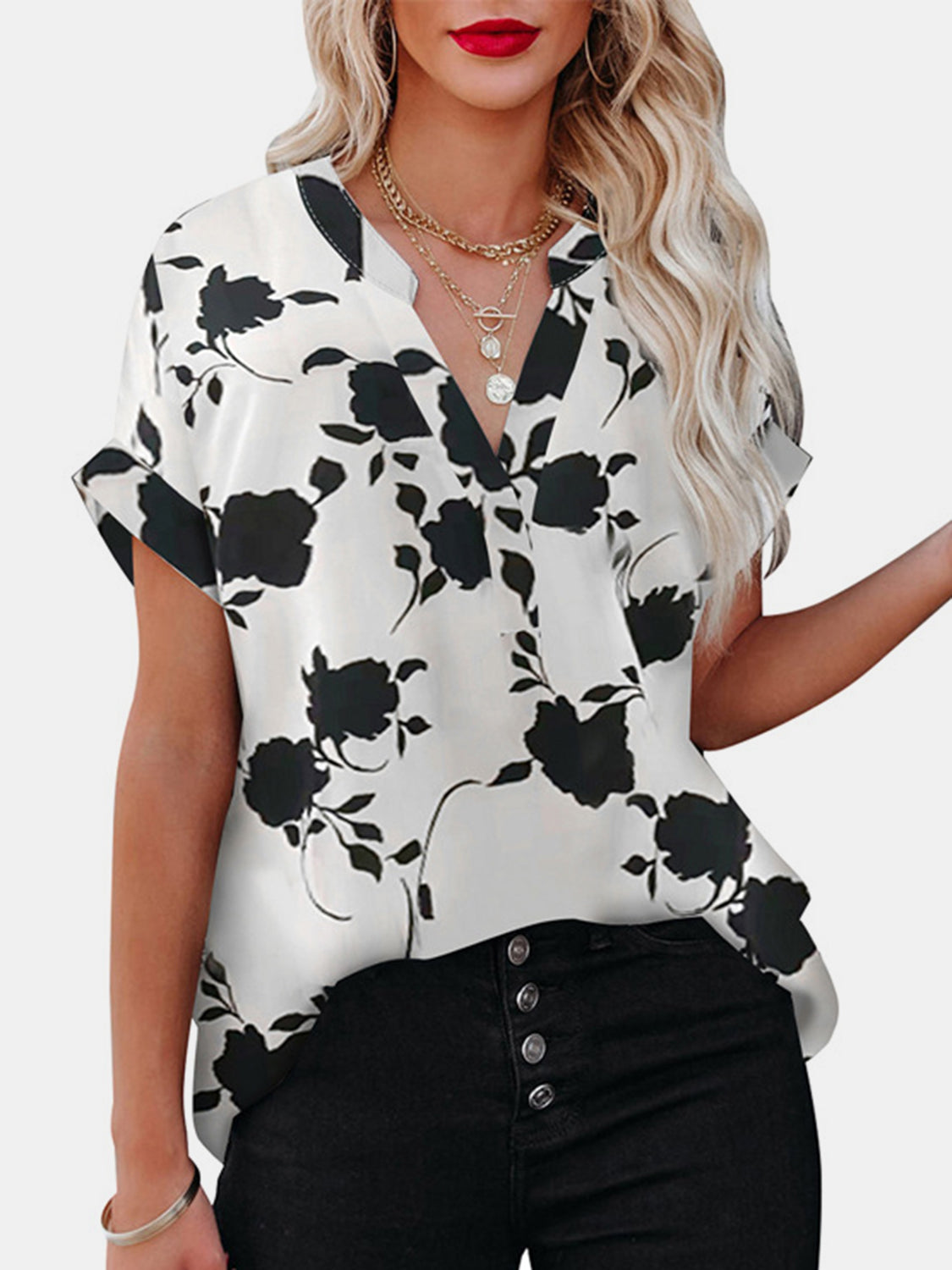 Full Size Printed Notched Short Sleeve Blouse