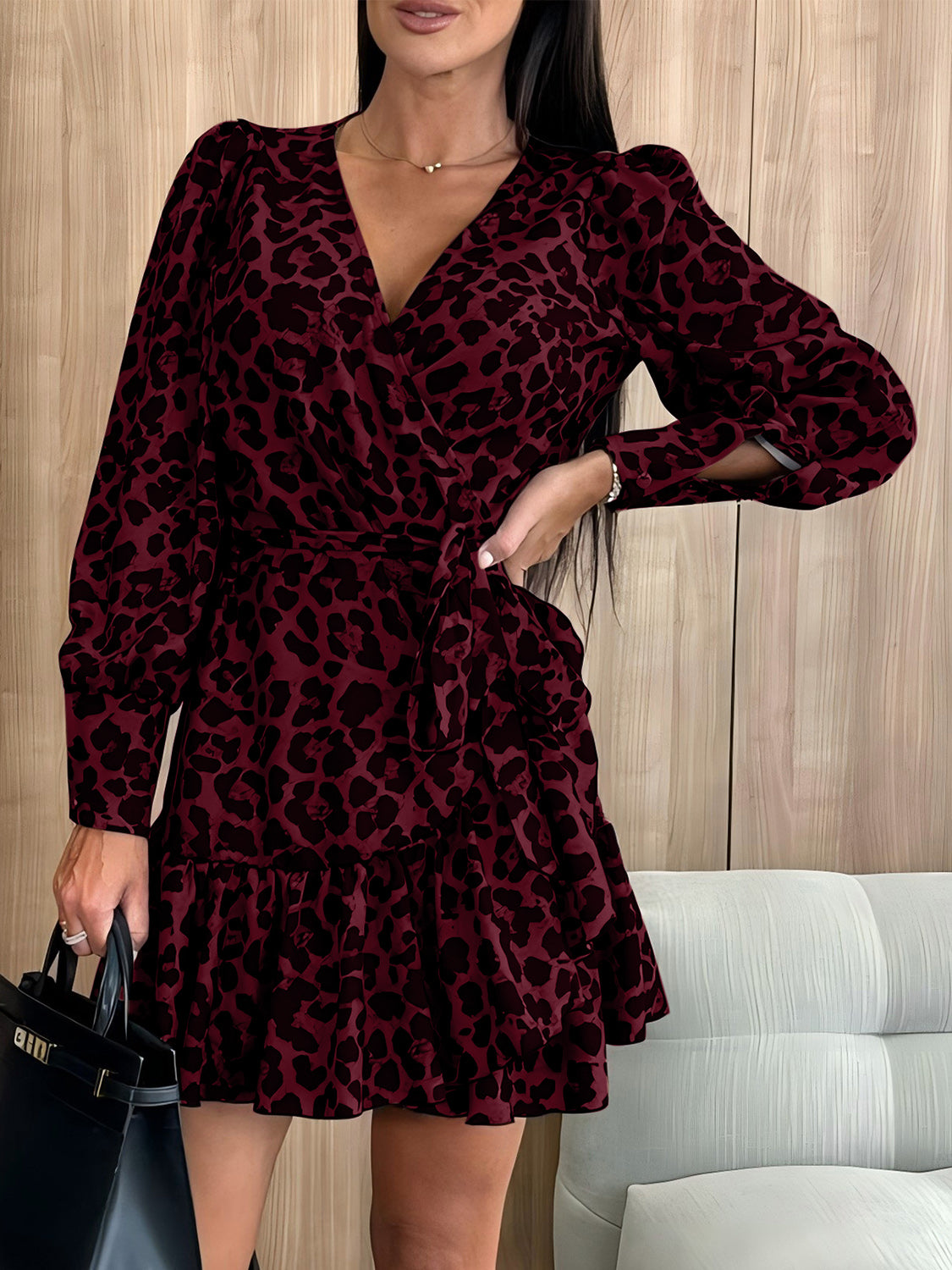 Tied Leopard Surplice Long Sleeve Dress